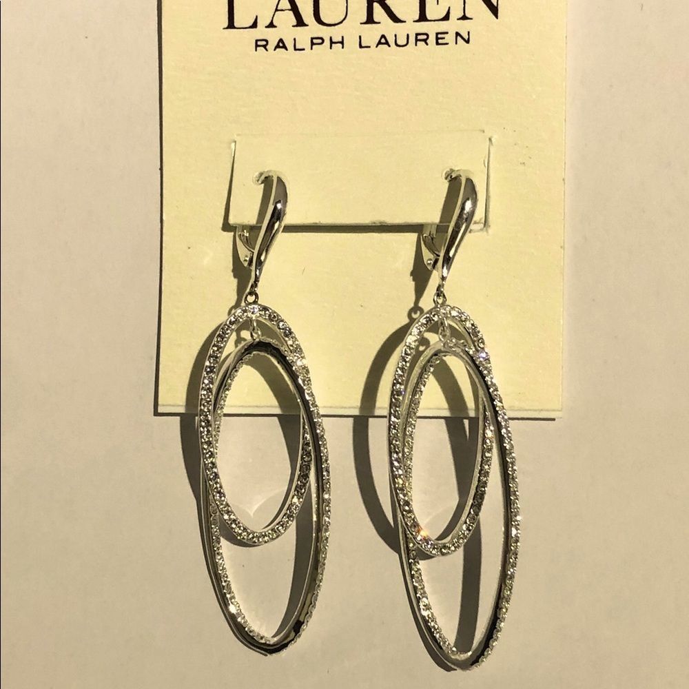 Lauren Ralph Lauren Silver-Tone Pave Double Hoop Crystal Drop Earrings